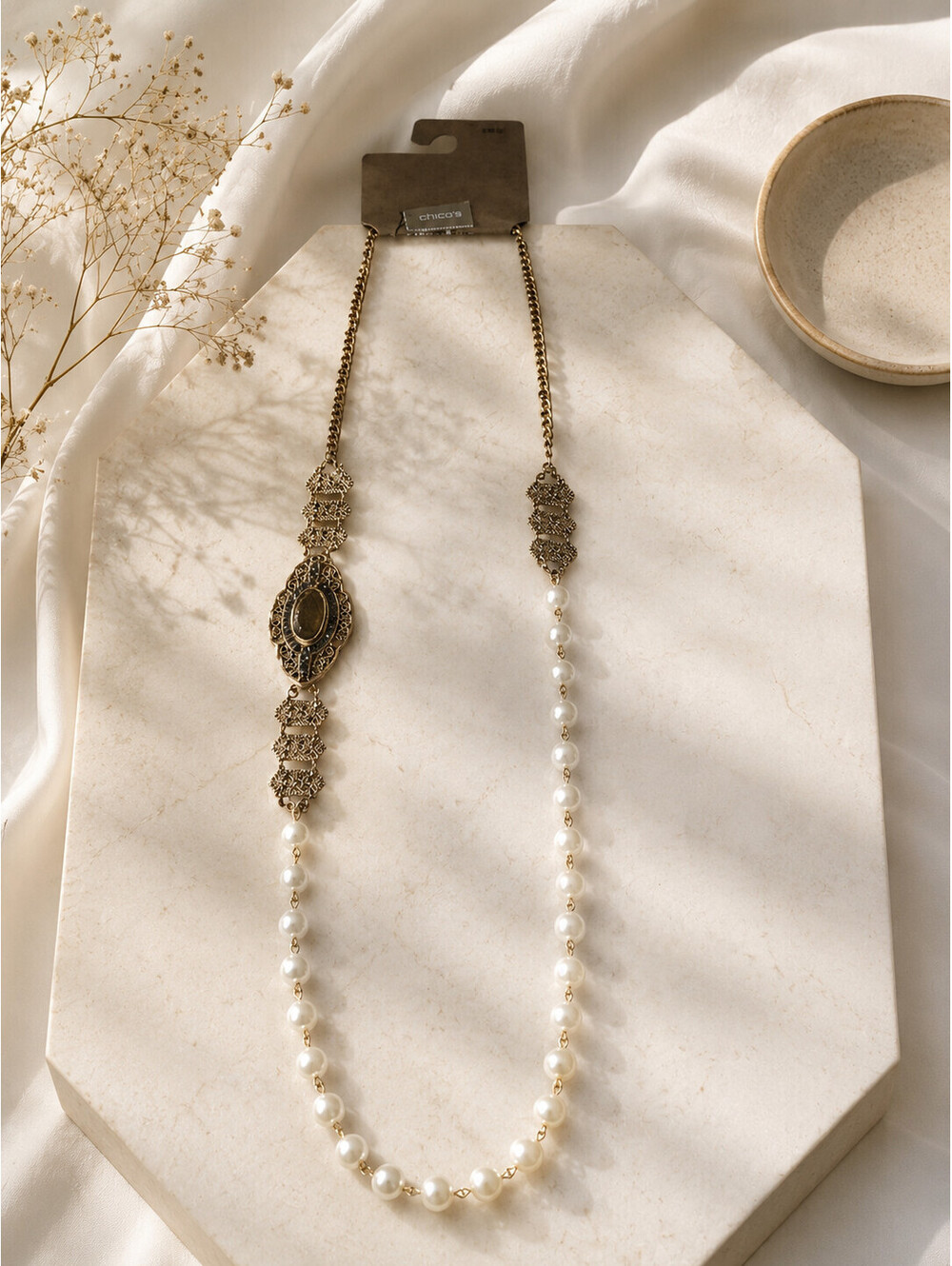 Chicos Long Pearl Satement Necklace